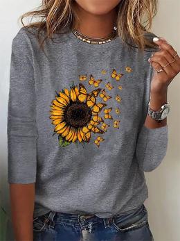 Lässig Herbst Sonnenblume Täglich Weit Jersey Langarm Regelmäßig H-Linie T-Bluse für Damen