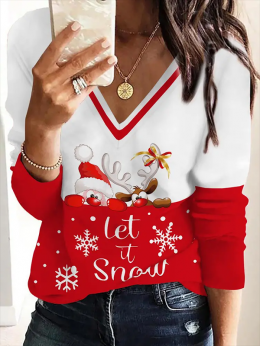 Lässig Herbst Weihnachten V-Ausschnitt Regelmäßige Passform Jersey Langarm Regelmäßig Regelmäßig T-Bluse für Damen