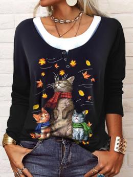 Lässig Katze Frühling Mikro-Elastizität Täglich Weit Jersey Standard Regelmäßig T-Bluse für Damen