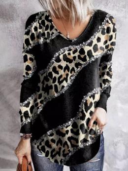 Lässig Leopard Frühling Normal Mikroelastizität Jersey Langarm Rundhals H-Linie T-Shirt für Damen