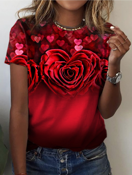 Lässig Rot Geblümt Sommer Mikroelastizität Täglich Weit Jersey Kurzarm Regelmäßig T-Shirts für Damen