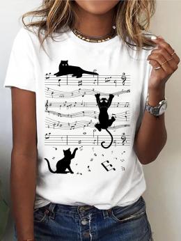Lässig Sommer Katze Mikroelastizität Weit Rundhals Regelmäßig H-Linie Regelmäßig T-Shirts für Damen