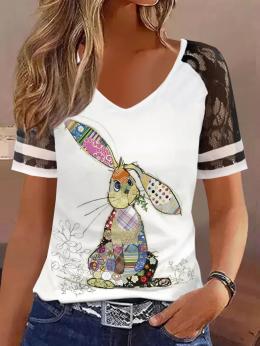 Lässig Sommer OSTERN (Kaninchen) V-Ausschnitt Täglich Weit Kurzarm H-Linie Regelmäßig Shirts für Damen