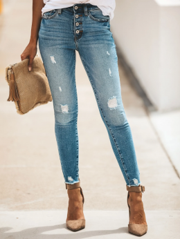 Lässig Unifarben Alle Jahreszeiten Mikroelastizität Täglich Regelmäßige Passform Verstellbare Schnalle Denim H-Linie Jeans für Damen