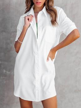 Lässig Unifarben Sommer Baumwolle Täglich Weit Kurzarm Mittellang Hemdkragen Bluse für Damen