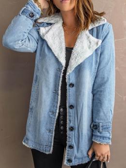 Lässig Unifarben Winter Weit Standard Langarm Schalkragen Fluff/Granular-Fleece-Stoff Regelmäßig Denim Jacke für Damen