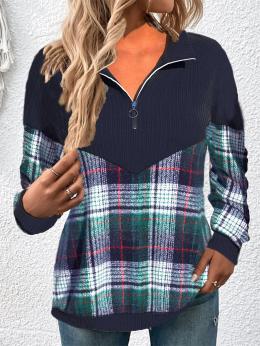 Lässig Winter Kariert Reißverschluss Mikroelastizität Täglich Weit Rollkragen H-Linie Sweatshirts für Damen