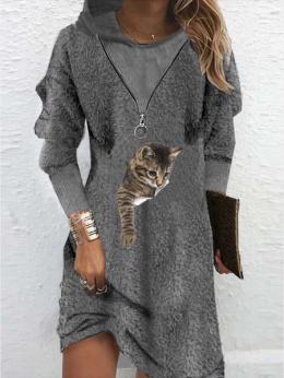 Lässig Winter Katze Reißverschluss Täglich Weit Jersey Langarm Regelmäßig Kleider für Damen