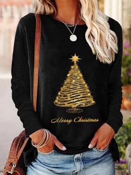 Lässig Winter Weihnachten Mikro-Elastizität Weit Jersey Langarm Regelmäßig H-Linie T-Bluse für Damen