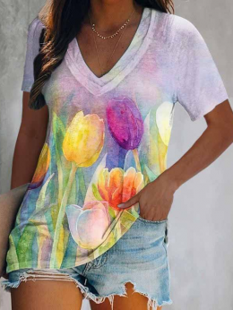 Modetalente Geblümt Multifarben Damen T-Shirts Lässig Jersey V-Ausschnitt Kurzarm Geblümt T-Shirts