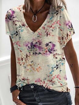 Modetalente Geblümt Multifarben Damen T-Shirts Lässig V-Ausschnitt Jersey Kurzarm Geblümt T-Shirts