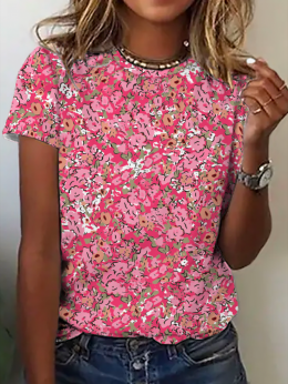Modetalente Geblümt Pink Damen T-Shirts Lässig Jersey Rundhals Kurzarm Täglich Geblümt T-Shirts