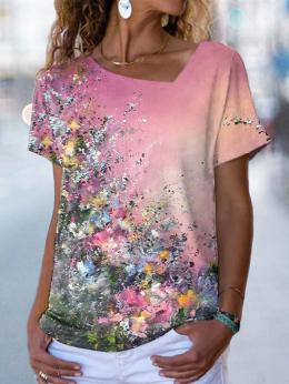 Modetalente Geblümt Pink Damen T-Shirts Lässig Jersey V-Ausschnitt Kurzarm Geblümt Täglich T-Shirts