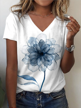 Modetalente Geblümt Weiß Damen T-Shirts Jersey Lässig V-Ausschnitt Kurzarm Geblümt T-Shirts