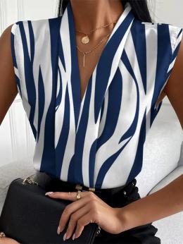 Modetalente Gestreift Weiß-Blau Damen Kurzarm-Blusen für Arbeit Lässig Polyesterfaser V-Ausschnitt Kurzarm Outdoor Gestreift Kurzarm-Blusen