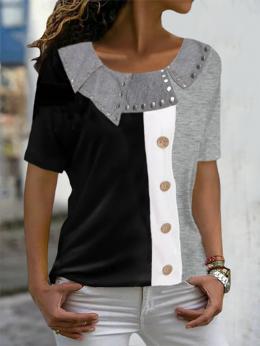Modetalente Kurzarm 1 Schwarz-Grau Damen Blusen & Shirts Schalkragen Lässig Jersey Unifarben Blusen & Shirts