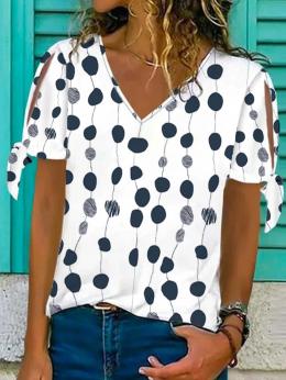 Modetalente Kurzarm 1 Weiß Damen T-Shirts V-Ausschnitt Lässig Jersey Polka Dots T-Shirts