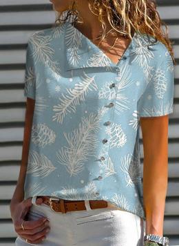 Modetalente Kurzarm Blau Damen Kurzarm-Blusen V-Ausschnitt Polyesterfaser Lässig Feder Outdoor Kurzarm-Blusen