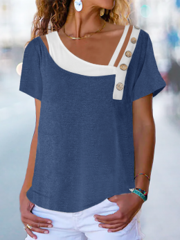Modetalente Kurzarm Blau Damen T-Shirts Jersey Lässig Asymmetrisch Unifarben T-Shirts