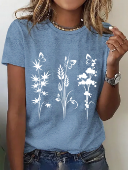 Modetalente Kurzarm Blau Damen T-Shirts Jersey Lässig Rundhals Pflanzen T-Shirts