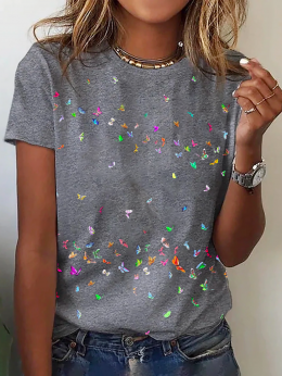 Modetalente Kurzarm Grau Damen T-Shirts Rundhals Jersey Lässig Schmetterling T-Shirts