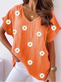 Modetalente Kurzarm Orange Damen Blusen & Shirts V-Ausschnitt Bambus Lässig Gänseblümchen Blusen & Shirts
