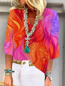 Modetalente Kurzarm Orange Damen Kurzarm-Blusen V-Ausschnitt Polyesterfaser Lässig Farbverlauf Kurzarm-Blusen
