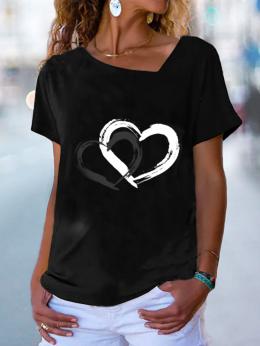 Modetalente Kurzarm Schwarz Damen T-Shirts Asymmetrisch Kragen Jersey Lässig Herz Täglich T-Shirts