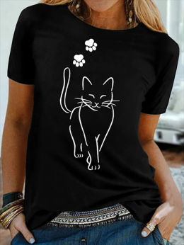 Modetalente Kurzarm Schwarz Damen T-Shirts Jersey Lässig Rundhals Katze T-Shirts