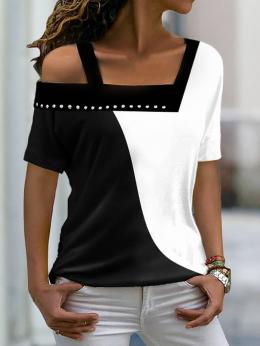 Modetalente Kurzarm Schwarz-Weiß Blaugrau Grün Schwarz-Grau Damen T-Shirts Jersey Asymmetrisch Kragen Lässig Farbblock T-Shirts