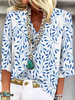 Modetalente Kurzarm Weiß-Blau Damen Kurzarm-Blusen V-Ausschnitt Polyesterfaser Lässig Blätter Täglich Kurzarm-Blusen