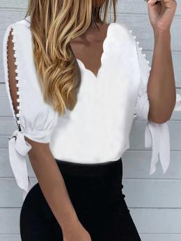 Modetalente Kurzarm Weiß Damen Kurzarm-Blusen Polyesterfaser V-Ausschnitt Elegant Elegant Unifarben Täglich Kurzarm-Blusen