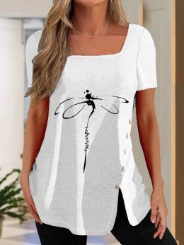 Modetalente Kurzarm Weiß Damen T-Shirts Jersey Lässig Karree-Ausschnitt Libelle T-Shirts