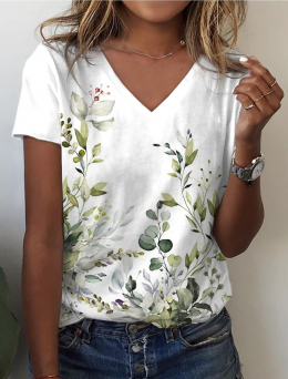 Modetalente Kurzarm Weiß Damen T-Shirts Jersey Lässig V-Ausschnitt Sport & Outdoor Blätter T-Shirts