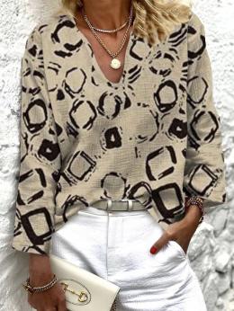 Modetalente Langarm 1 Khaki Damen Langarm-Blusen V-Ausschnitt Polyester Lässig Geometrisch Langarm-Blusen