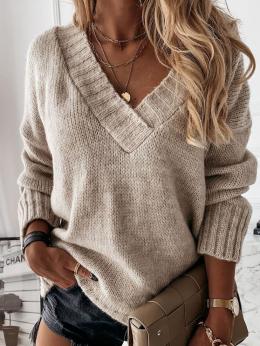 Modetalente Langarm 1 Khaki Damen Pullover Einfach V-Ausschnitt Elasthan Lässig Pullover