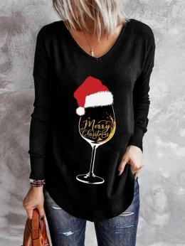 Modetalente Langarm 1 Schwarz Damen Langarmshirts V-Ausschnitt Jersey Lässig Weihnachten Schneemann Langarmshirts