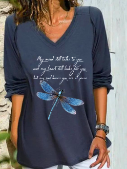 Modetalente Langarm Dunkelblau Damen Blusen & Shirts V-Ausschnitt Jersey Lässig Textbriefe Blusen & Shirts