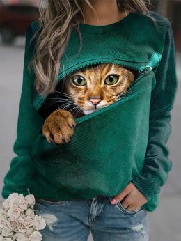 Modetalente Langarm Grün Damen Kapuzenpullover Lässig Rundhals Polyesterfaser Katze Kapuzenpullover