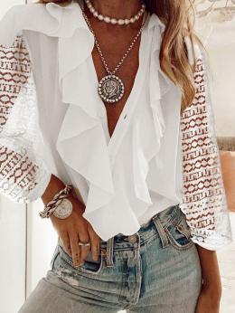 Modetalente Langarm Weiß Damen Langarm-Blusen Polyester Lässig V-Ausschnitt Unifarben Langarm-Blusen
