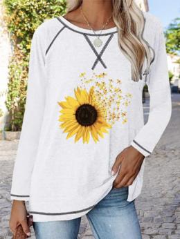 Modetalente Langarm Weiß Damen T-Shirts Rundhals Lässig Jersey Sonnenblume T-Shirts