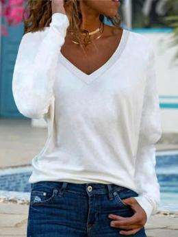 Modetalente Langarm Weiß Damen T-Shirts V-Ausschnitt Lässig Jersey Unifarben T-Shirts