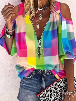 Modetalente Multifarben Damen Blusen & Shirts V-Ausschnitt Lässig Polyesterfaser Farbblock Blusen & Shirts