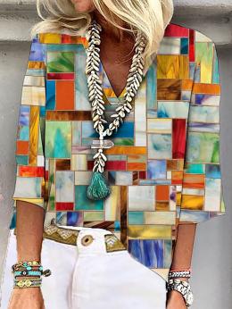 Modetalente Multifarben Damen Langarm-Blusen V-Ausschnitt Polyesterfaser Lässig Geometrisch Langarm-Blusen