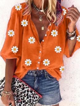 Modetalente Orange Damen Langarm-Blusen V-Ausschnitt Lässig Polyesterfaser Gänseblümchen Langarm-Blusen