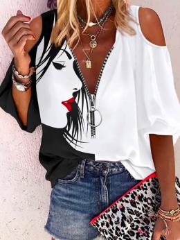 Modetalente Schwarz-Weiß Damen Kurzarm-Blusen V-Ausschnitt Lässig Polyesterfaser Abstrakt Kurzarm-Blusen