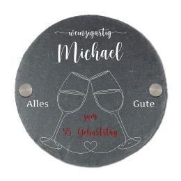 Rundes Schieferschild mit Geburtstagszahl und Name | weinzigartig