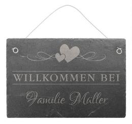 Willkommensschild aus Schiefer mit Familiennamen 30 x 20 cm - Design Love