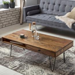 WOHNLING Couchtisch Massiv-Holz Sheesham 120cm breit Wohnzimmer-Tisch Design Metallbeine Landhaus-Stil Beistelltisch